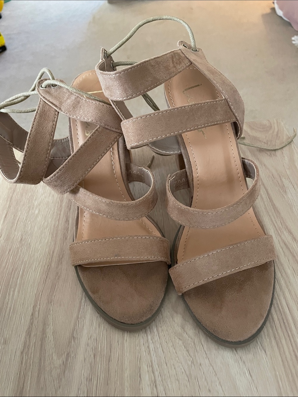 Lulus Suede Strappy Sandals in Taupe